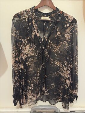Zimmermann Black Floral Tie-Neck silk Sheer Blouse AU 2, US 6
